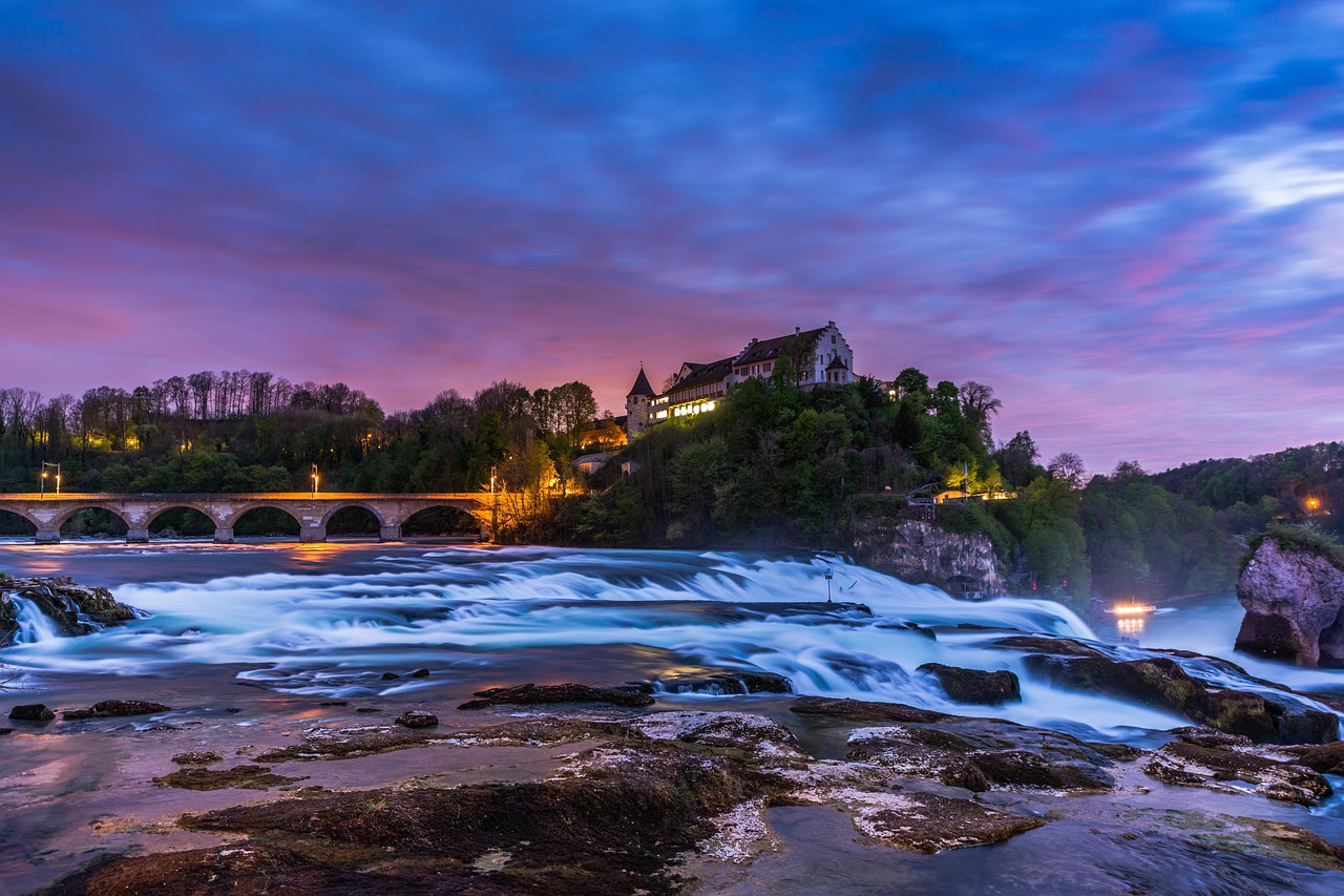 In this image, a bridge, water, trees, buildings, lights, and sky are visible.\n
